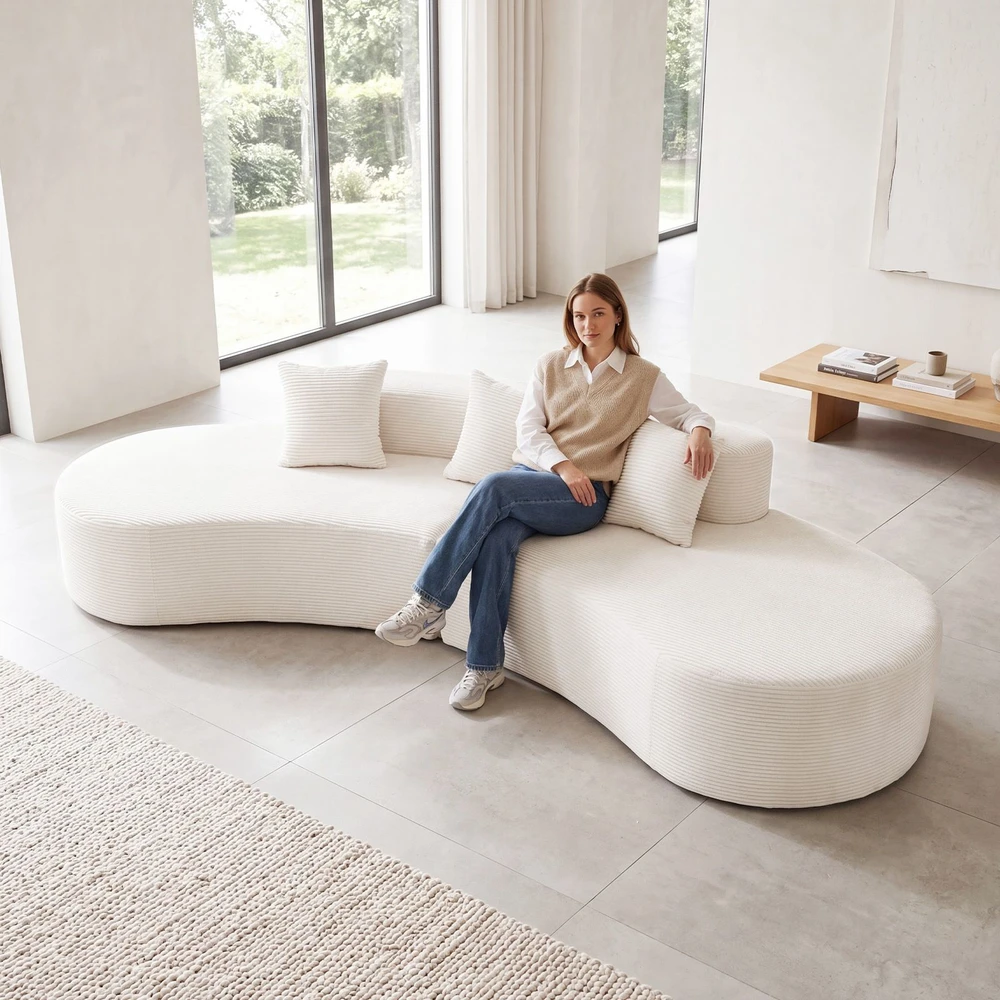 Koduva Kampinė sofa su lenkta forma, velvetas, smėlio spalvos, 306 x 132 x 63 cm, su 3 pagalvėmis