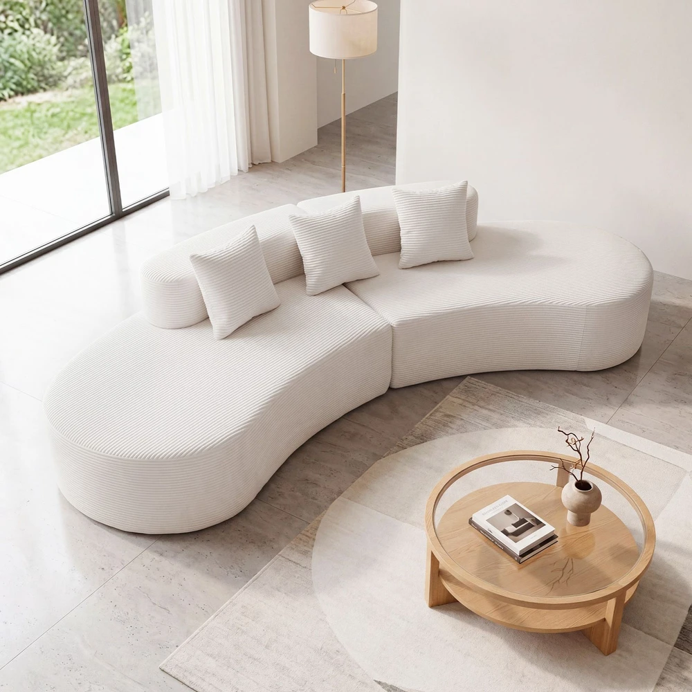 Koduva Kampinė sofa su lenkta forma, velvetas, smėlio spalvos, 306 x 132 x 63 cm, su 3 pagalvėmis