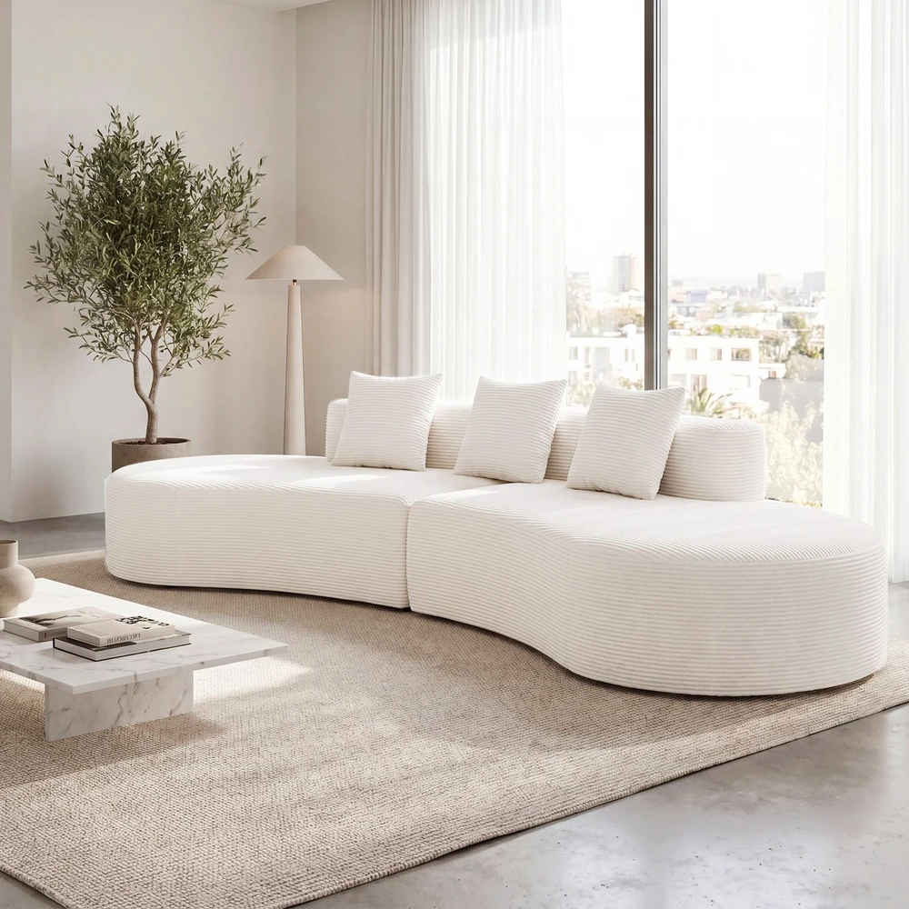 Koduva Kampinė sofa su lenkta forma, velvetas, smėlio spalvos, 306 x 132 x 63 cm, su 3 pagalvėmis