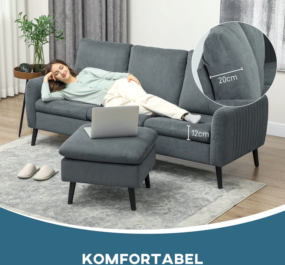 Aosom Kampinė sofa su pufu, 3 vietų, tamsiai pilka