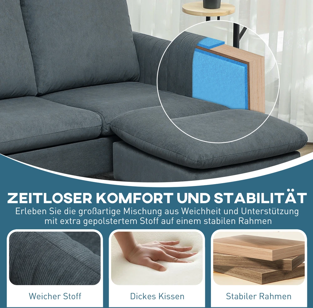 Aosom Kampinė sofa su pufu, 3 vietų, tamsiai pilka