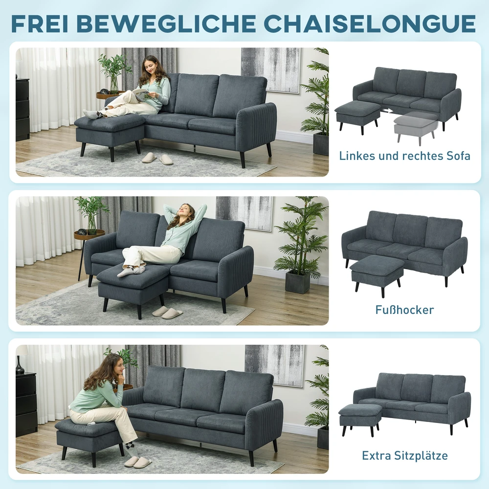 Aosom Kampinė sofa su pufu, 3 vietų, tamsiai pilka
