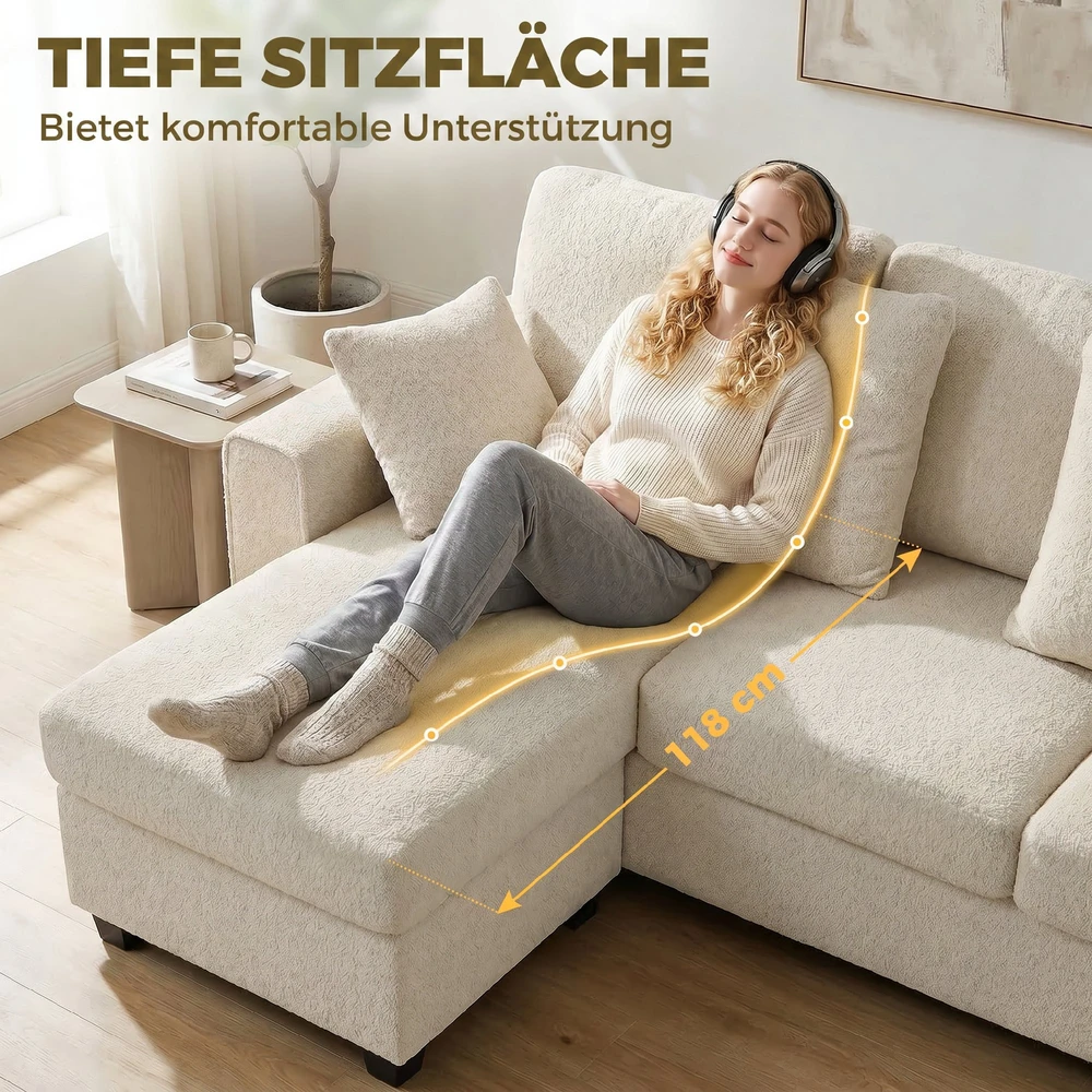 Aosom Kampinė sofa su reversine šezlongo dalimi, 3 vietų, aksomo išvaizdos, smėlio spalvos, 235,5 x 145 x 88 cm