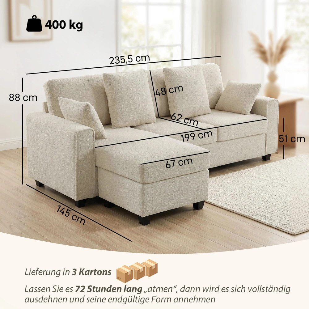 Aosom Kampinė sofa su reversine šezlongo dalimi, 3 vietų, aksomo išvaizdos, smėlio spalvos, 235,5 x 145 x 88 cm