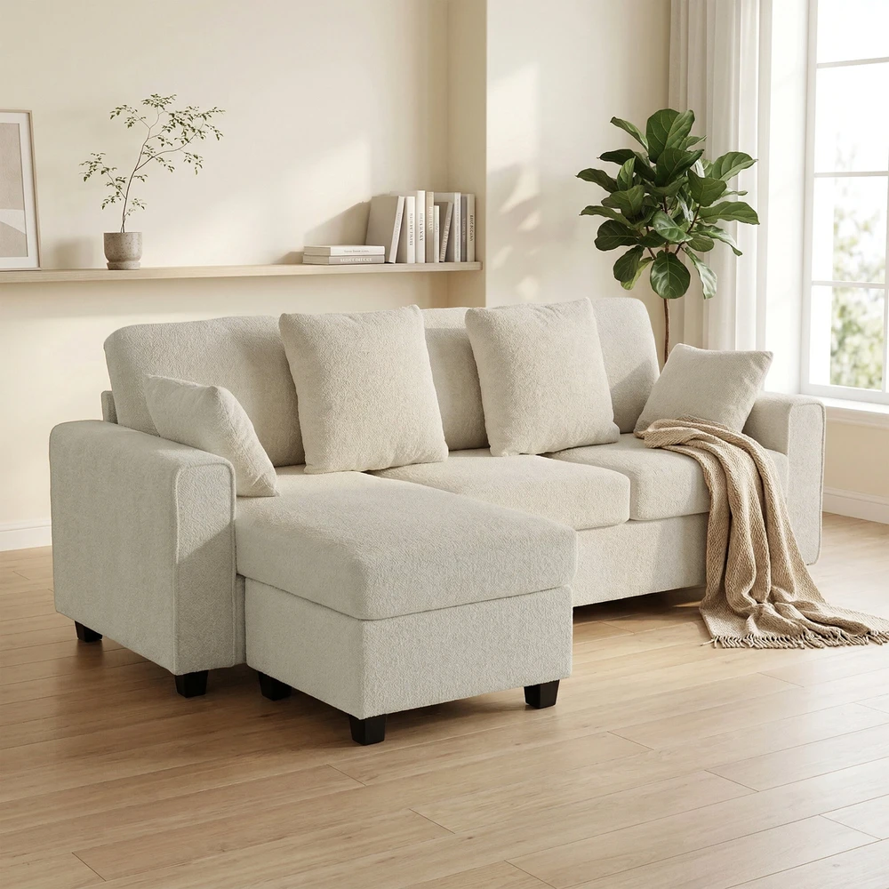 Aosom Kampinė sofa su reversine šezlongo dalimi, 3 vietų, aksomo išvaizdos, smėlio spalvos, 235,5 x 145 x 88 cm