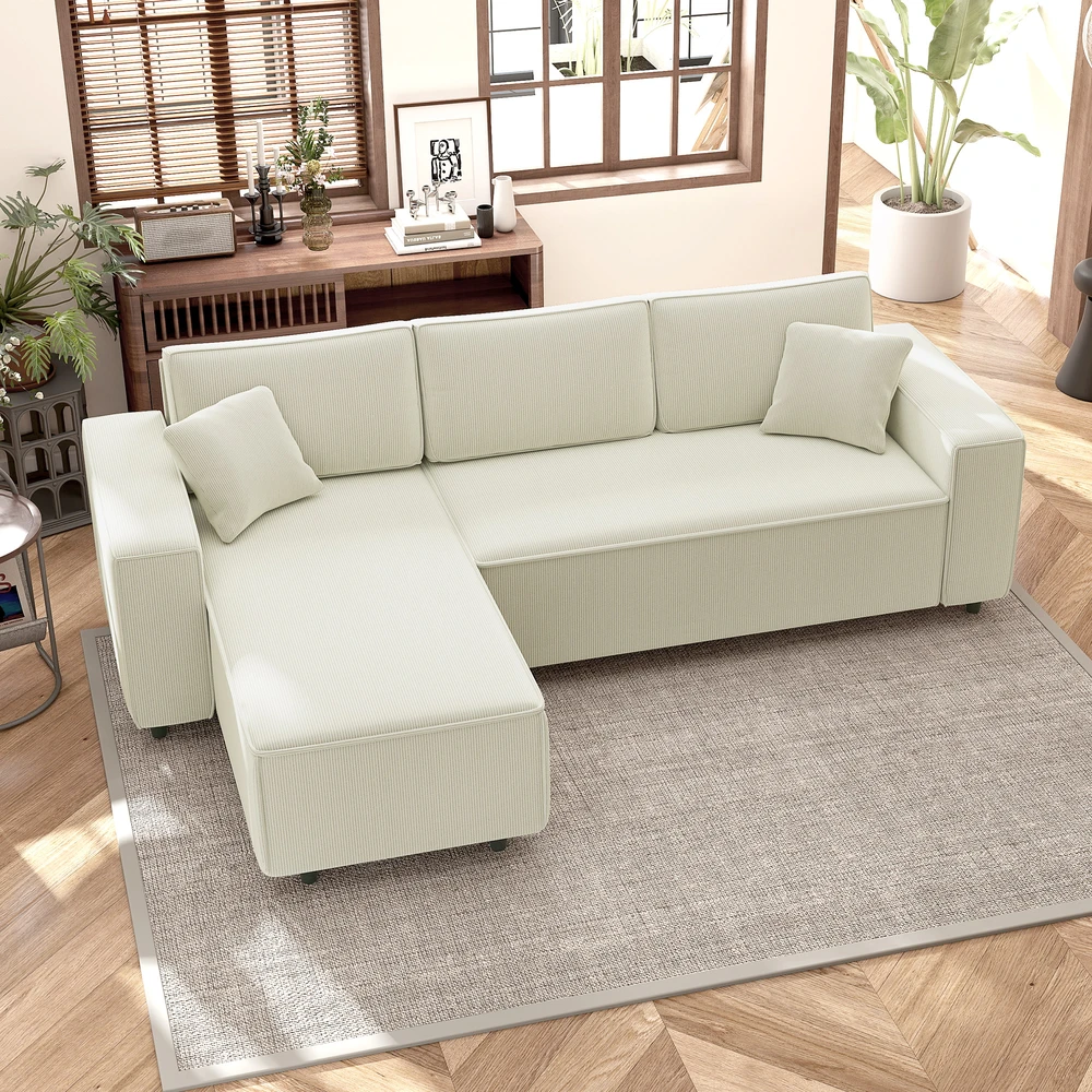 Aosom Kampinė sofa su šezlongu, 3 vietų, kreminė balta, korduro, 241 x 153 x 83 cm
