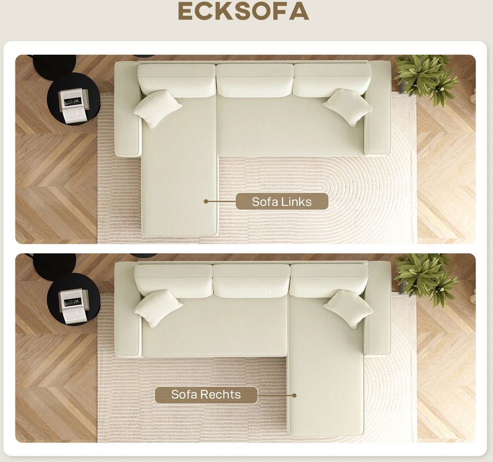 Aosom Kampinė sofa su šezlongu, 3 vietų, kreminė balta, korduro, 241 x 153 x 83 cm