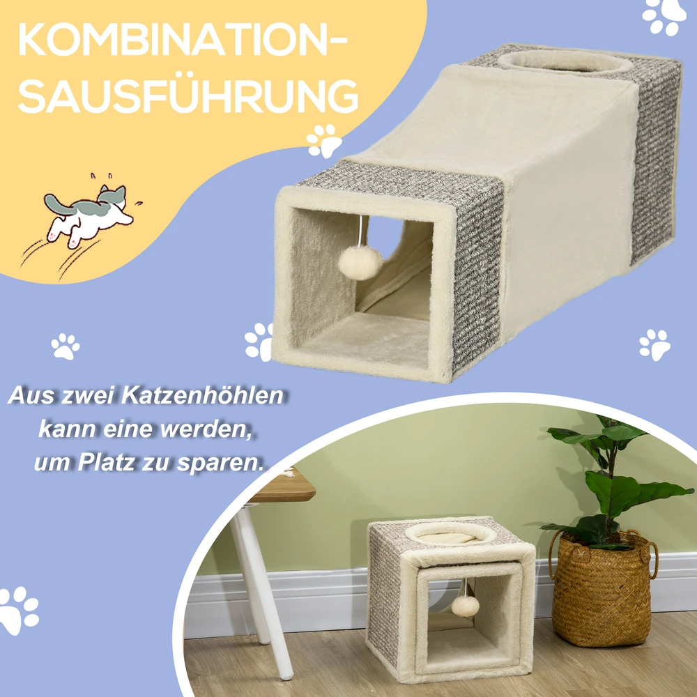 Aosom Katilų tunelis su 2 kačių nameliais, braun, beige, 98 x 30 x 30 cm