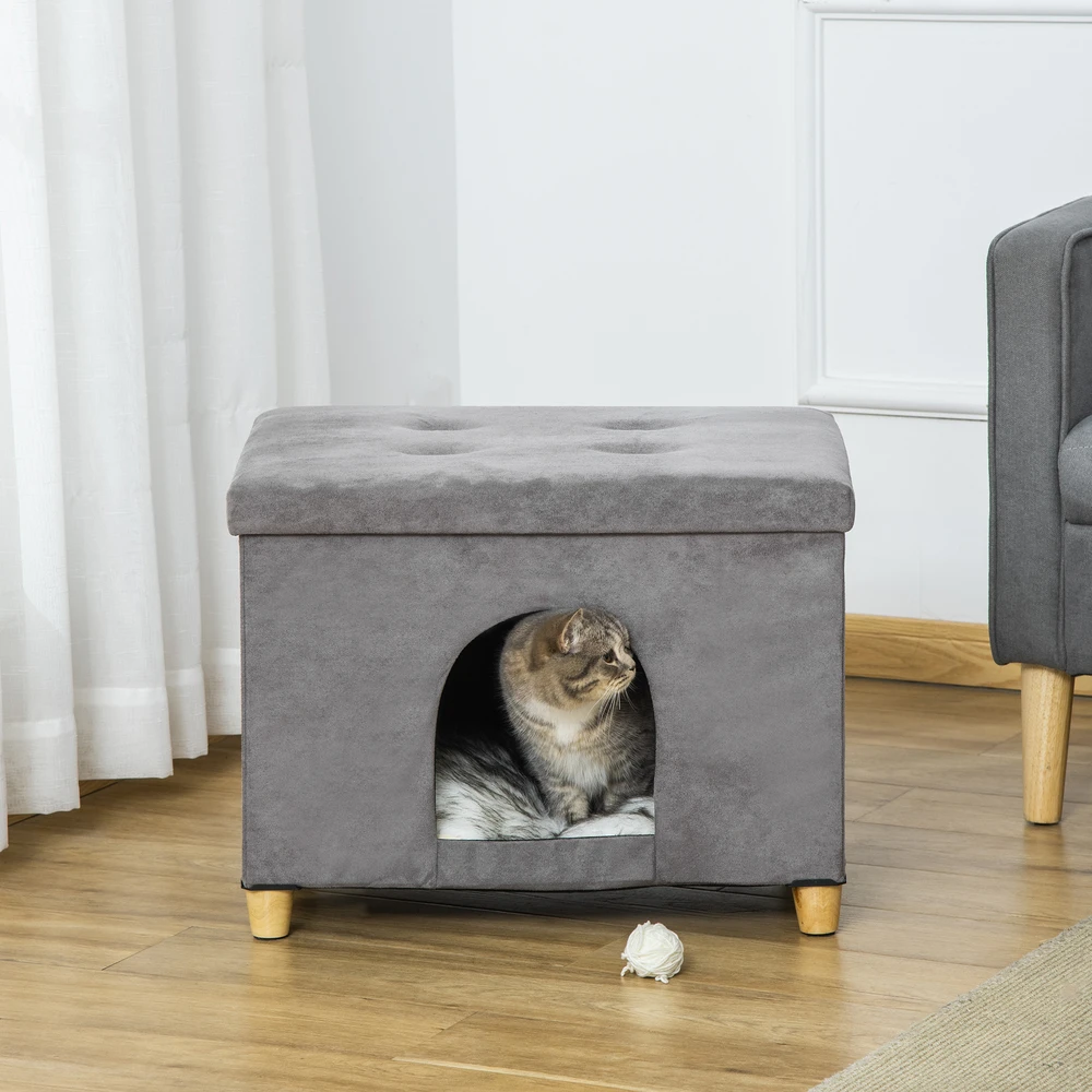 Aosom Katinų namelis ir pufas 2-in-1, pilkas, 60 x 45 x 44,5 cm