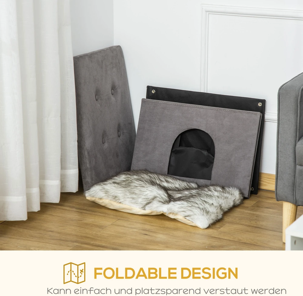 Aosom Katinų namelis ir pufas 2-in-1, pilkas, 60 x 45 x 44,5 cm