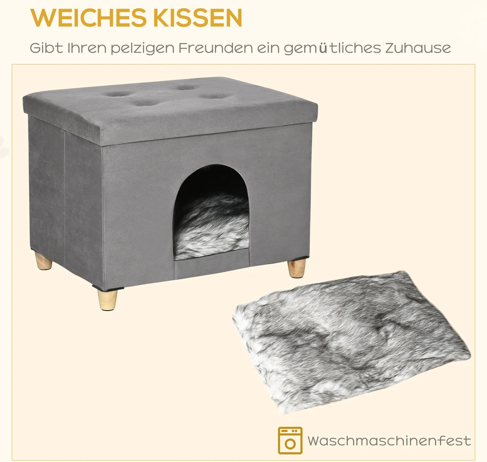 Aosom Katinų namelis ir pufas 2-in-1, pilkas, 60 x 45 x 44,5 cm