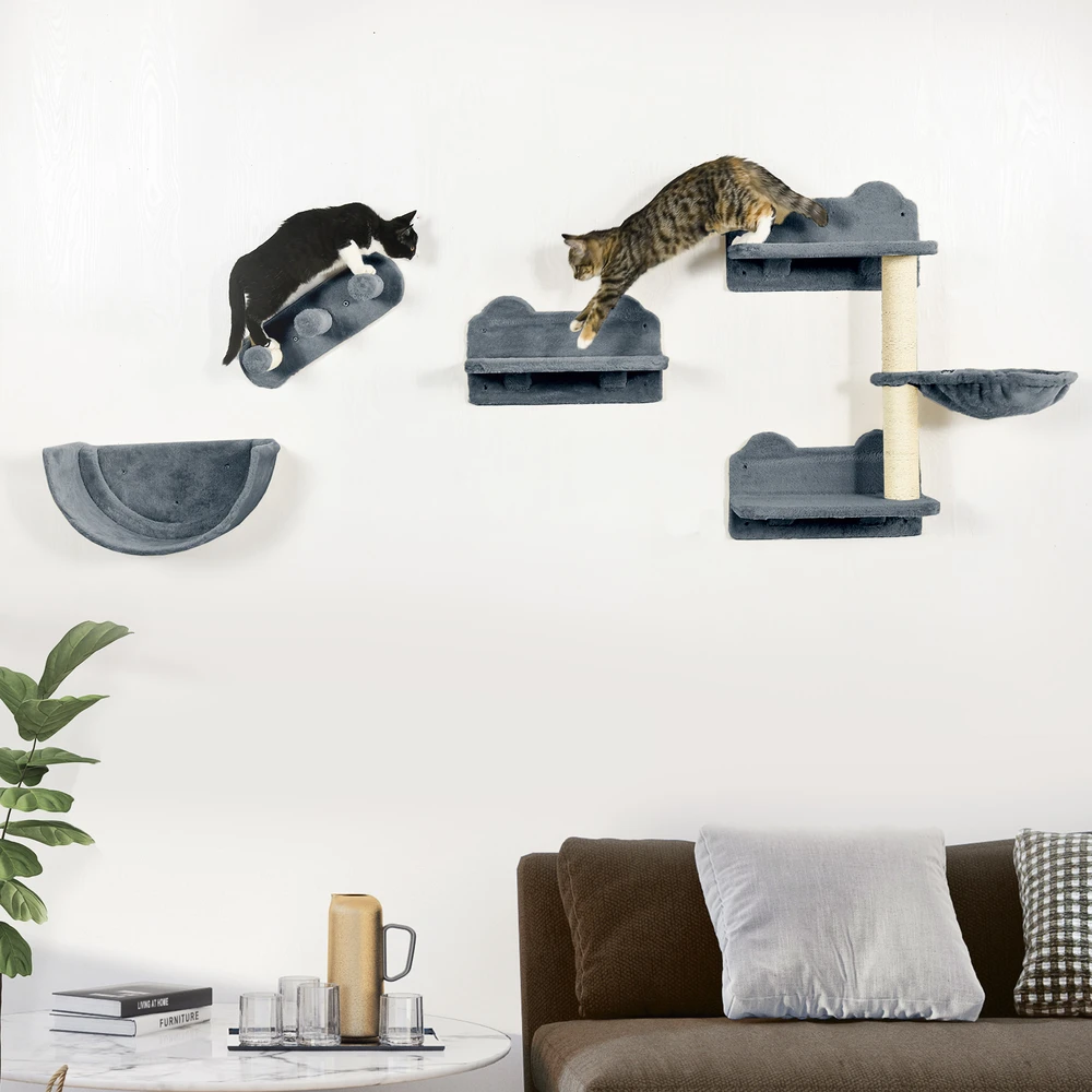 Aosom Katzen kletterwand set kačių sieninis laipiojimo rinkinys, 4 dalių, pilkas, su hamaku, draskymo lenta ir šuolių platformomis