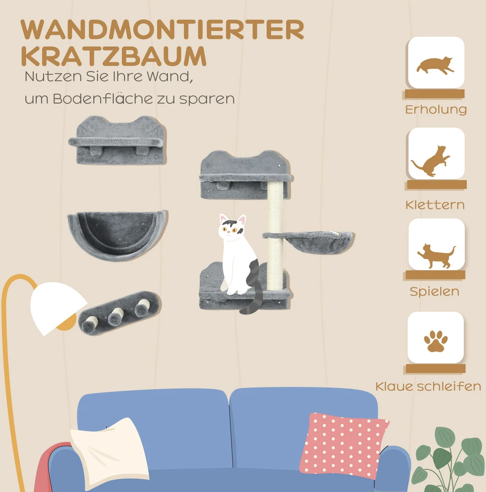 Aosom Katzen kletterwand set kačių sieninis laipiojimo rinkinys, 4 dalių, pilkas, su hamaku, draskymo lenta ir šuolių platformomis