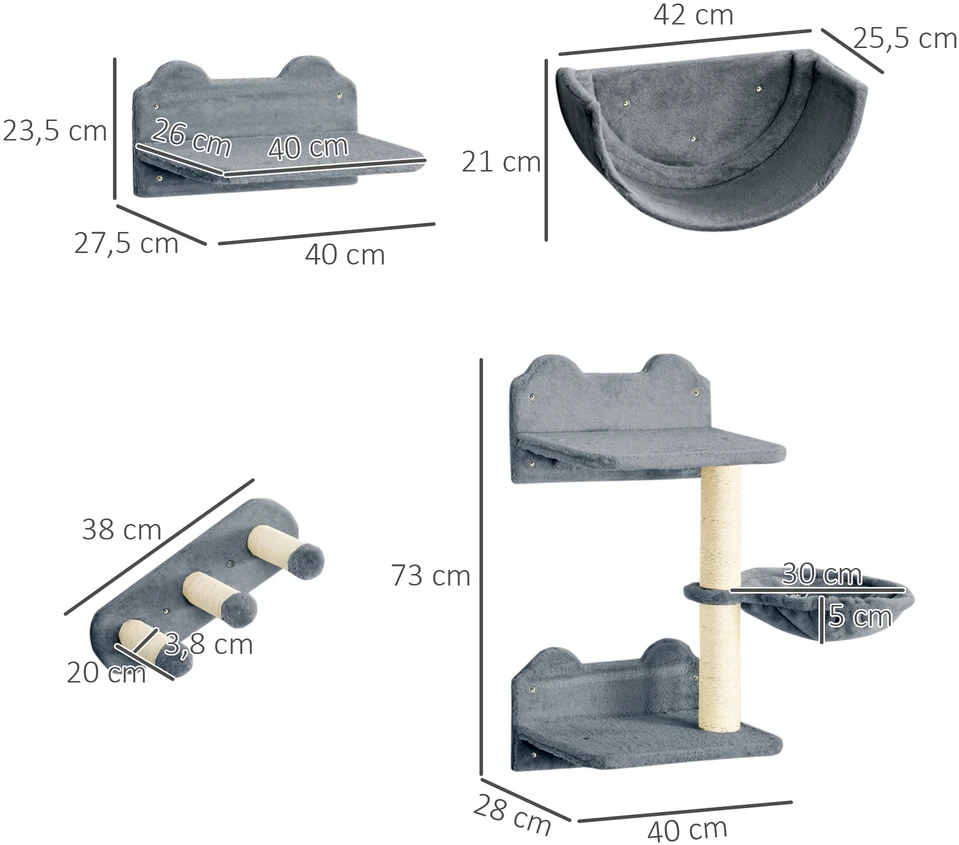 Aosom Katzen kletterwand set kačių sieninis laipiojimo rinkinys, 4 dalių, pilkas, su hamaku, draskymo lenta ir šuolių platformomis