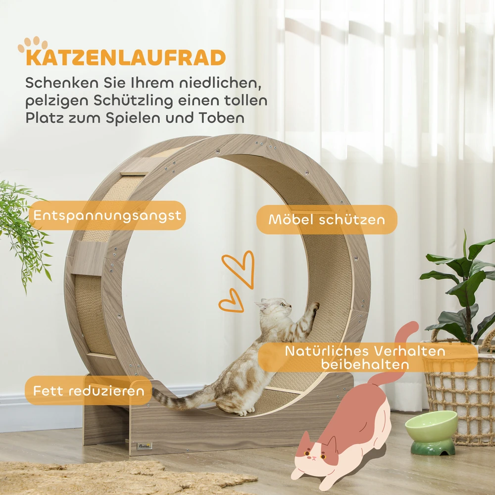 Aosom Katzenlaufrad katėms, 91 cm, su stabdžiu, draskymo kilimėliu, riešutmedžio spalvos