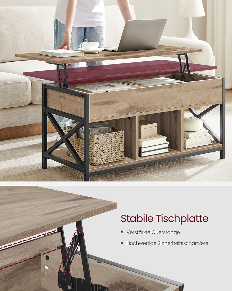 Songmics Kavos staliukas, reguliuojamo aukščio, 50 x 100 x 46,5–62 cm, kupranugario rudos ir juodos spalvos