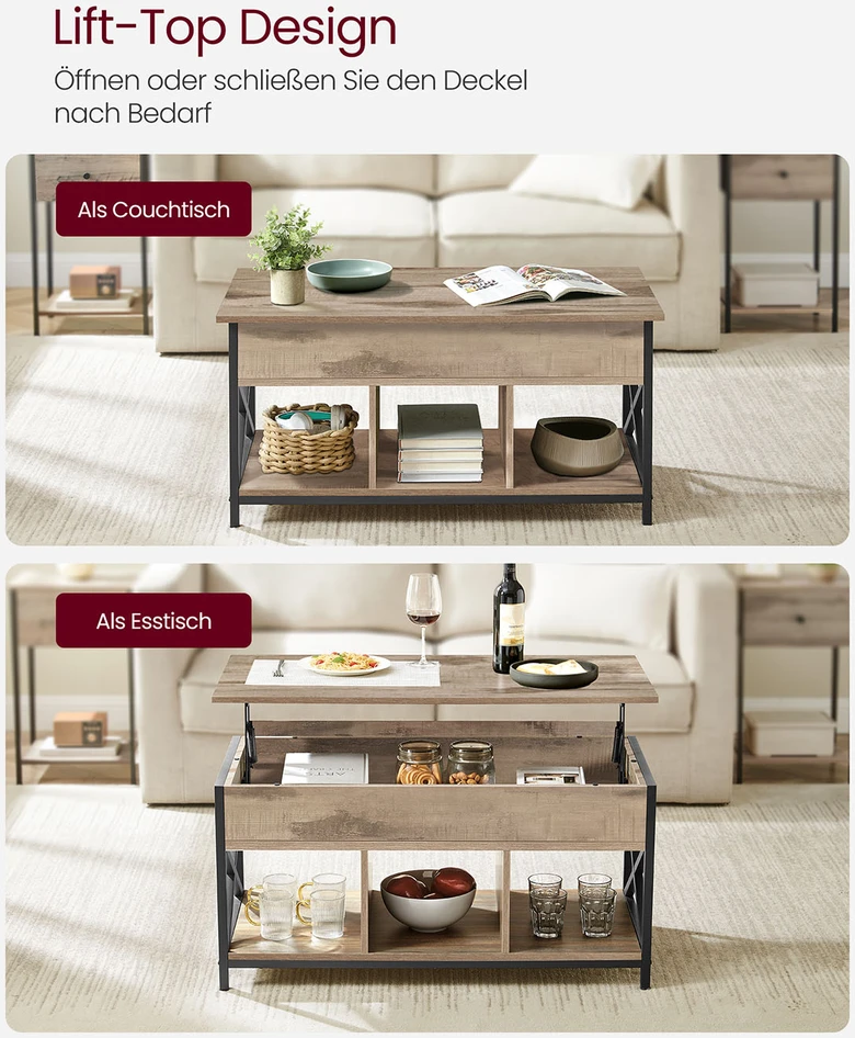 Songmics Kavos staliukas, reguliuojamo aukščio, 50 x 100 x 46,5–62 cm, kupranugario rudos ir juodos spalvos
