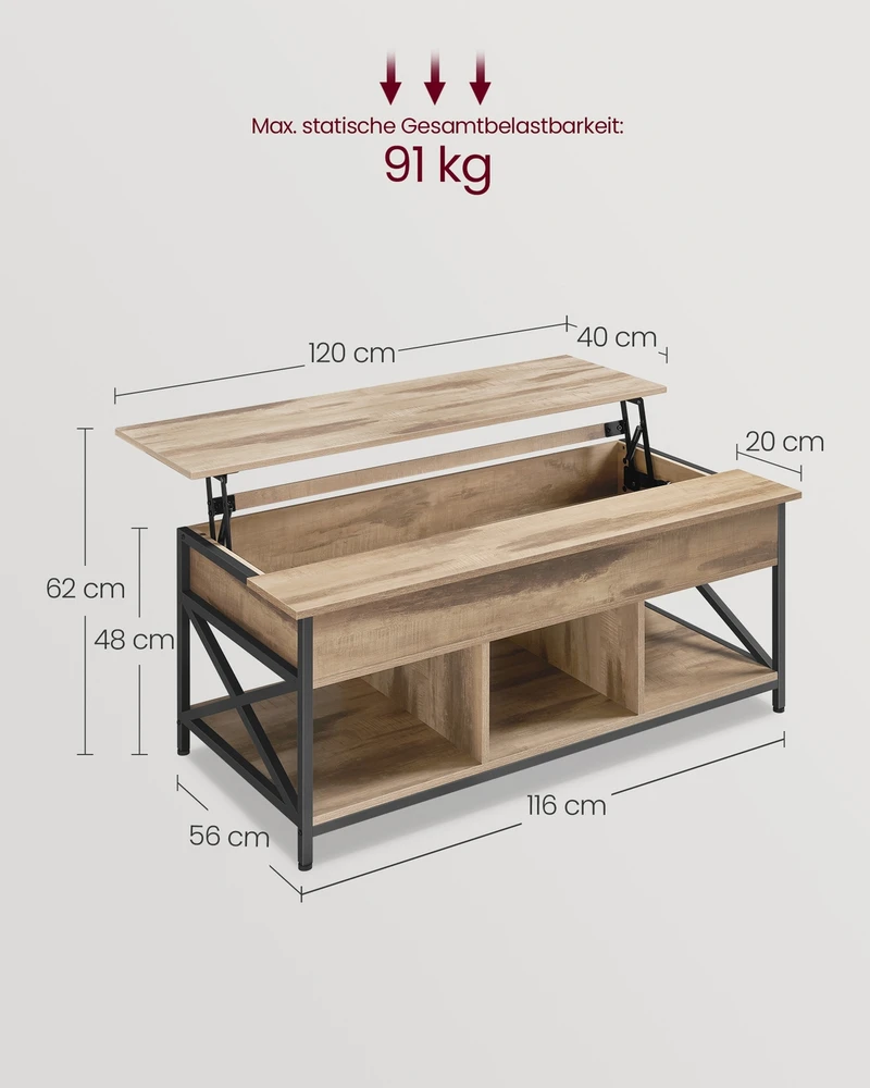 Songmics Kavos staliukas su atvira ir paslėpta daiktų laikymo vieta, 60 x 120 x (48–62) cm, rudas-juodas