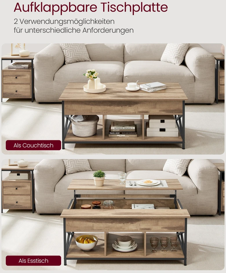 Songmics Kavos staliukas su atvira ir paslėpta daiktų laikymo vieta, 60 x 120 x (48–62) cm, rudas-juodas