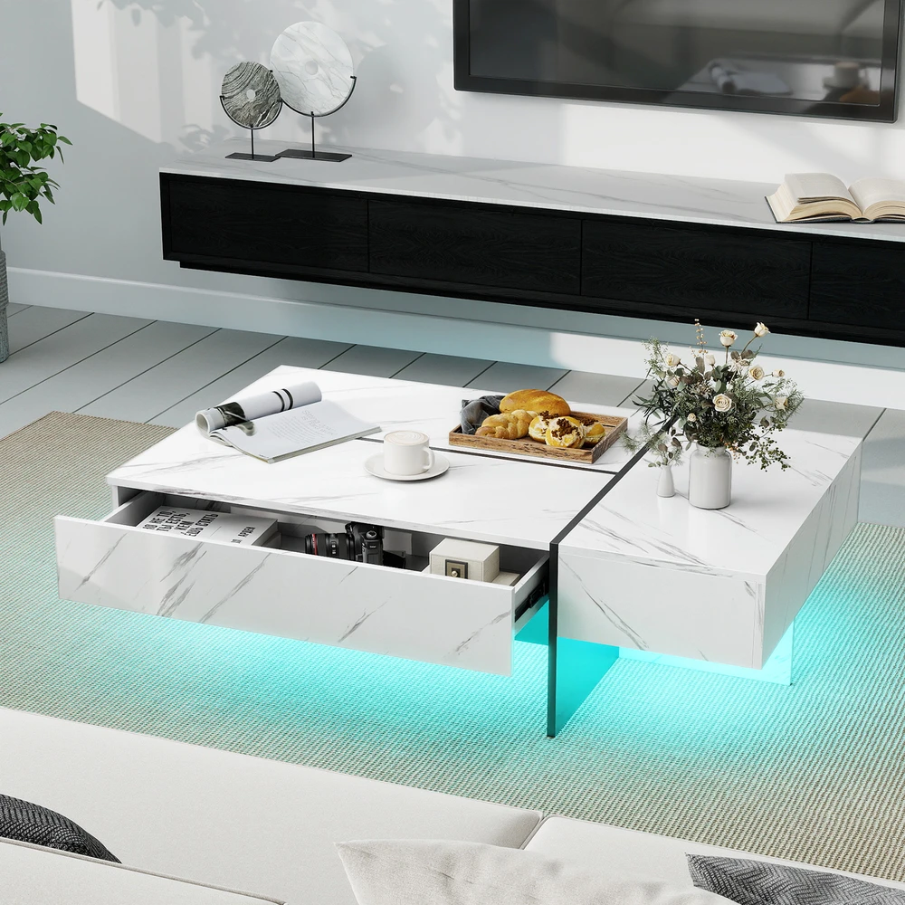 Promotion Kavos staliukas su LED apšvietimu, 3 stalčiais, baltas spalvos