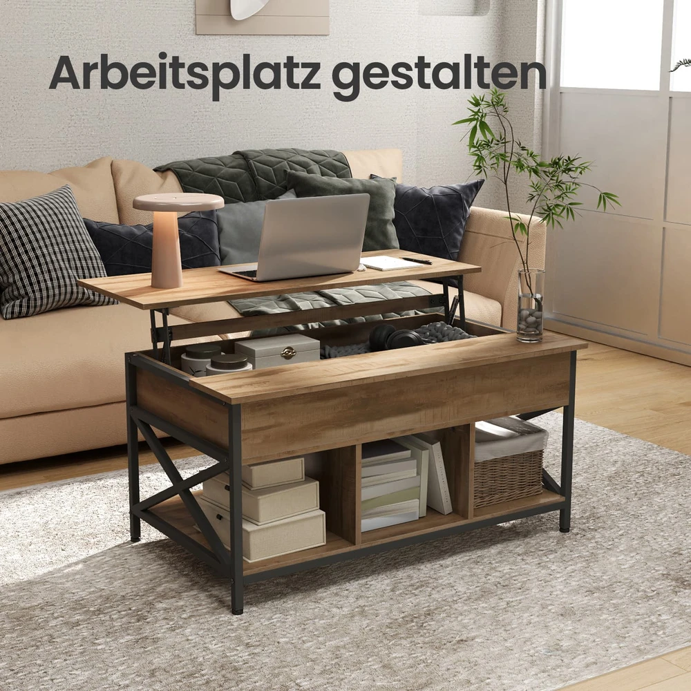 Songmics Kavos staliukas su pakeliamu stalviršiu, 60 x 100 x 48–62 cm, medžio drožlių plokštė ir plienas