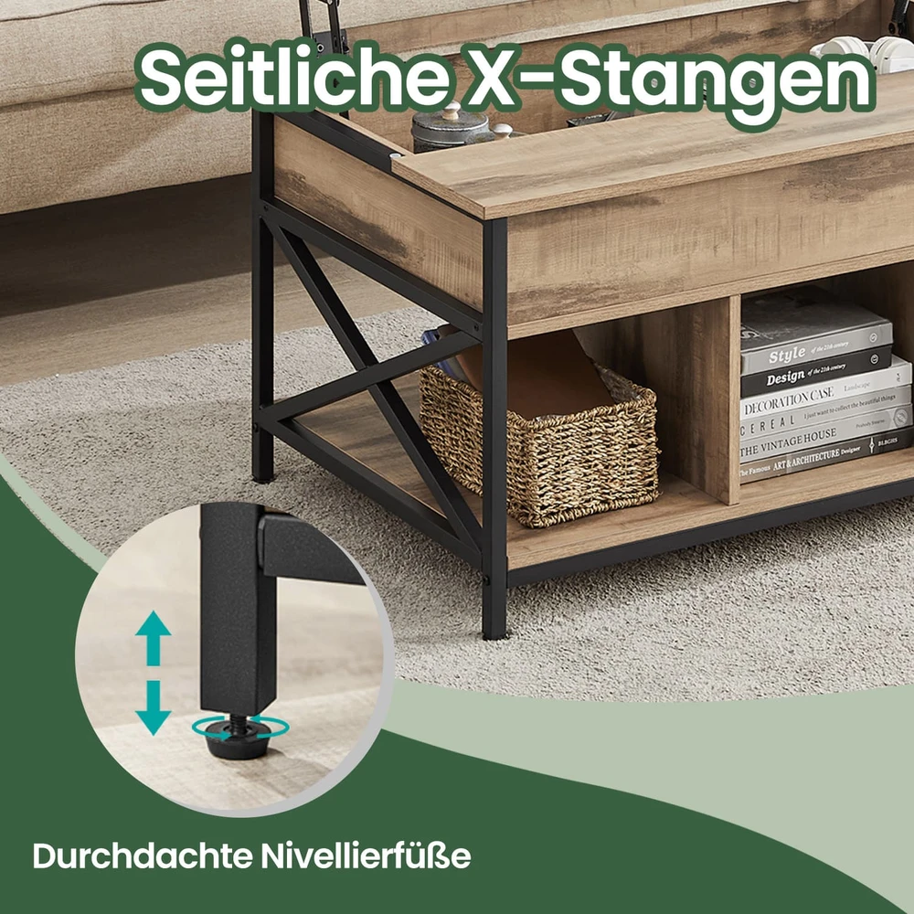 Songmics Kavos staliukas su pakeliamu stalviršiu, 60 x 100 x 48–62 cm, medžio drožlių plokštė ir plienas