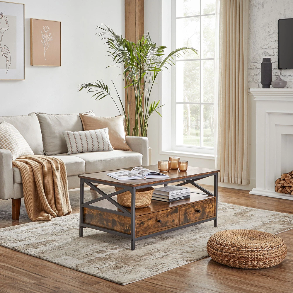 Koduva Kavos staliukas su stalčiais, 100 x 55 x 45 cm, medžio drožlių plokštė ir plienas, rudas-juodas
