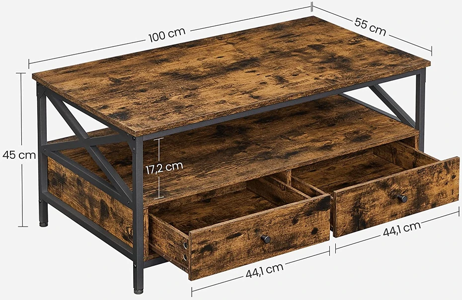 Koduva Kavos staliukas su stalčiais, 100 x 55 x 45 cm, medžio drožlių plokštė ir plienas, rudas-juodas