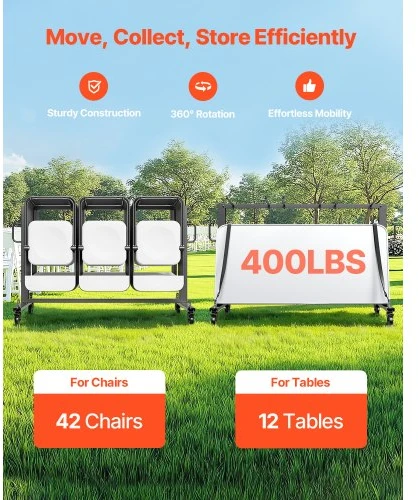 Koduva Kėdžių vežimėlis VEVOR VV41, 181 kg, 42 kėdėms arba 12 stalų, matinė juoda