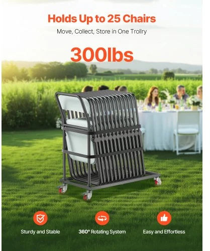 VEVOR Kėdžių vežimėlis VV44, 25 kėdėms, 136 kg, matinė juoda, 108 x 54 x 108 cm