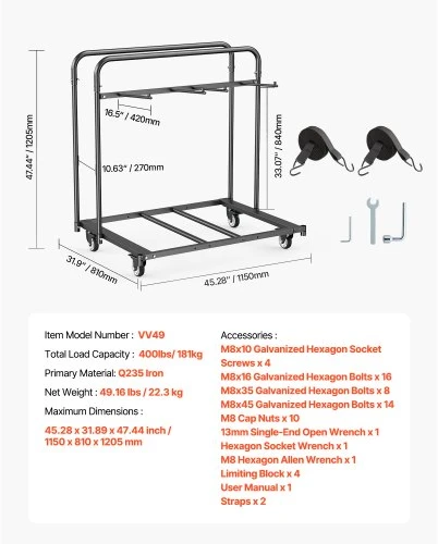 VEVOR Kėdžių vežimėlis VV49, matinė juoda, 181 kg, 115 x 81 x 121 cm