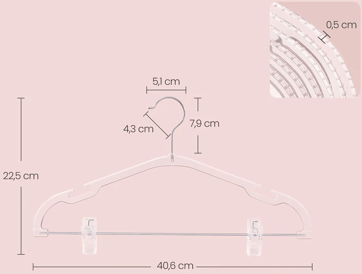 Koduva Kelnių pakabos, 30 vnt., skaidrios, 40,6 x 22,5 cm, su pasukamais kabliukais ir segtukais