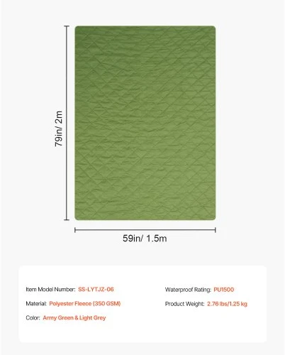 VEVOR Kempingo antklodė, 208 x 140 cm, poliesterio flisas 330 GSM, kariškai žalia ir šviesiai pilka