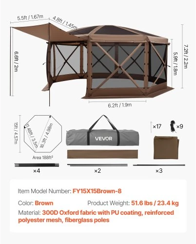 Koduva Kempingo pavėsinė su tinkleliu VEVOR, ruda, 4,57 x 4,57 x 2,2 m, 12-15 asmenų