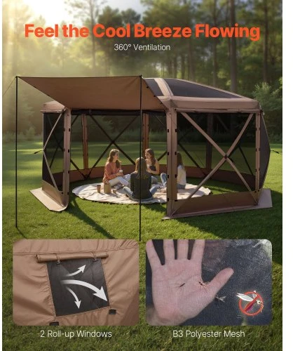 Koduva Kempingo pavėsinė su tinkleliu VEVOR, ruda, 4,57 x 4,57 x 2,2 m, 12-15 asmenų