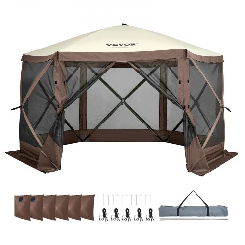 Koduva Kempingo pavėsinė su tinkleliu VEVOR FY-005, 6 kampų, ruda, 381 x 381 x 228 cm