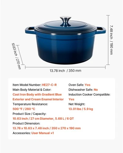 VEVOR Ketaus troškintuvas su emalio danga, 5,7 l, mėlynas, 35 x 27 x 19 cm