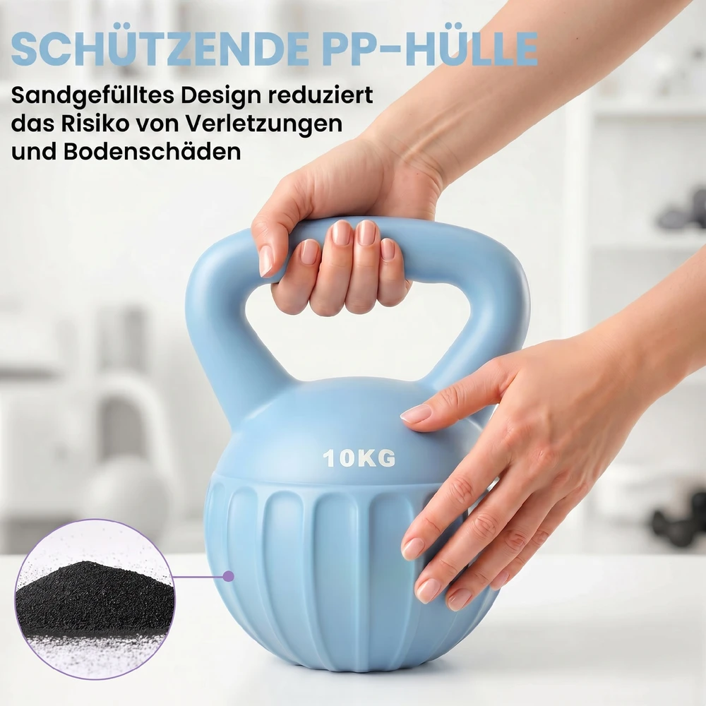 Virdulys Aosom Kettlebell 10 kg, mėlyna, plastikas ir smėlis, 21 x 21 x 27 cm