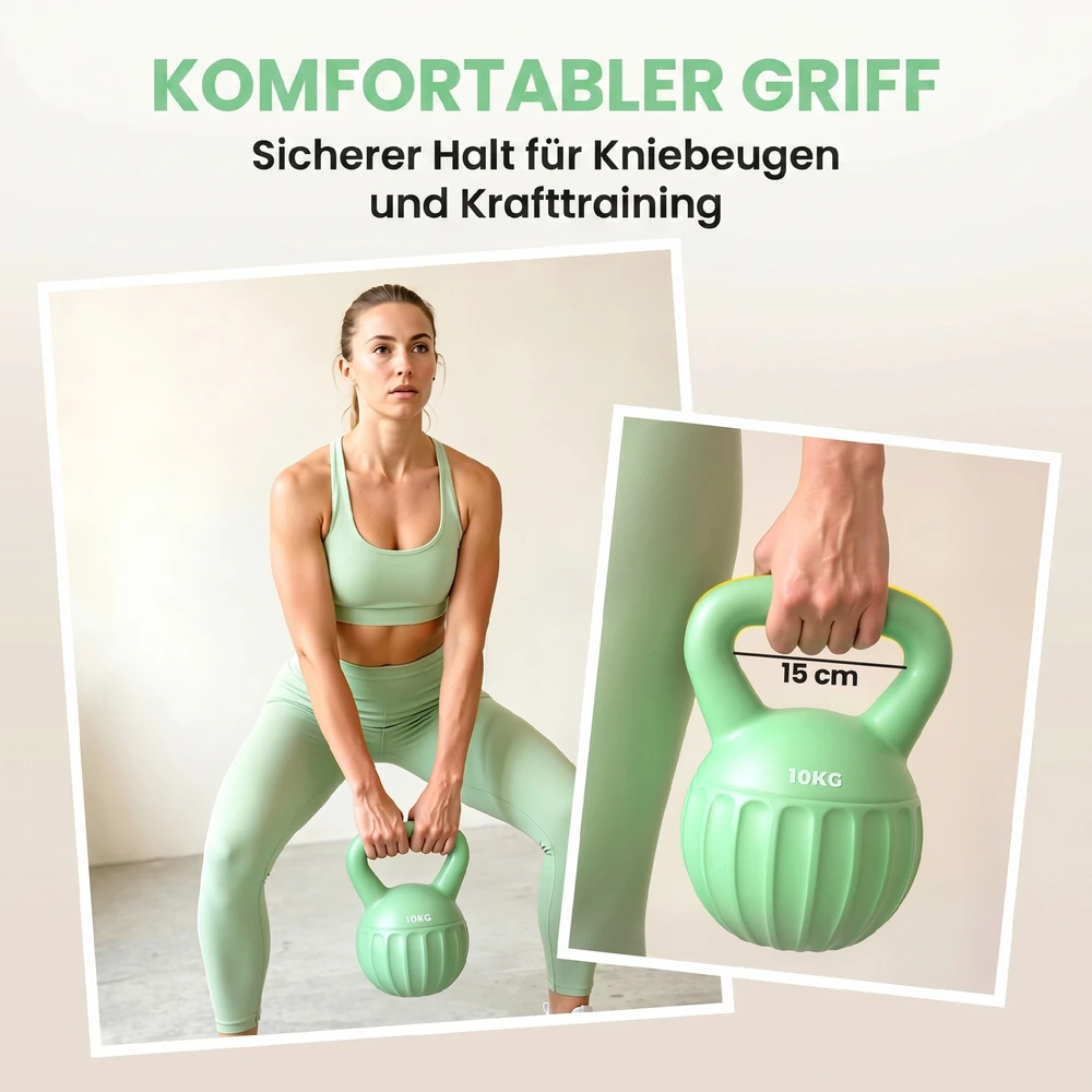 Virdulys Aosom Kettlebell 10 kg, žalia, plastikas, smėlio užpildas, 21 x 21 x 27 cm