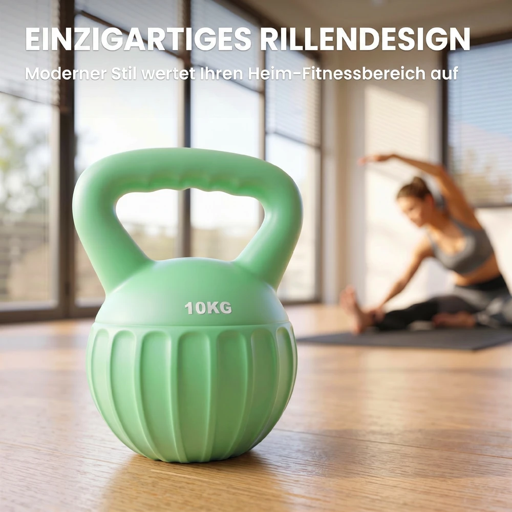 Virdulys Aosom Kettlebell 10 kg, žalia, plastikas, smėlio užpildas, 21 x 21 x 27 cm
