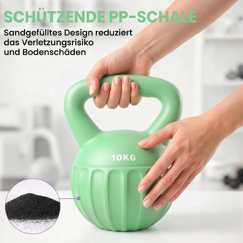 Virdulys Aosom Kettlebell 10 kg, žalia, plastikas, smėlio užpildas, 21 x 21 x 27 cm