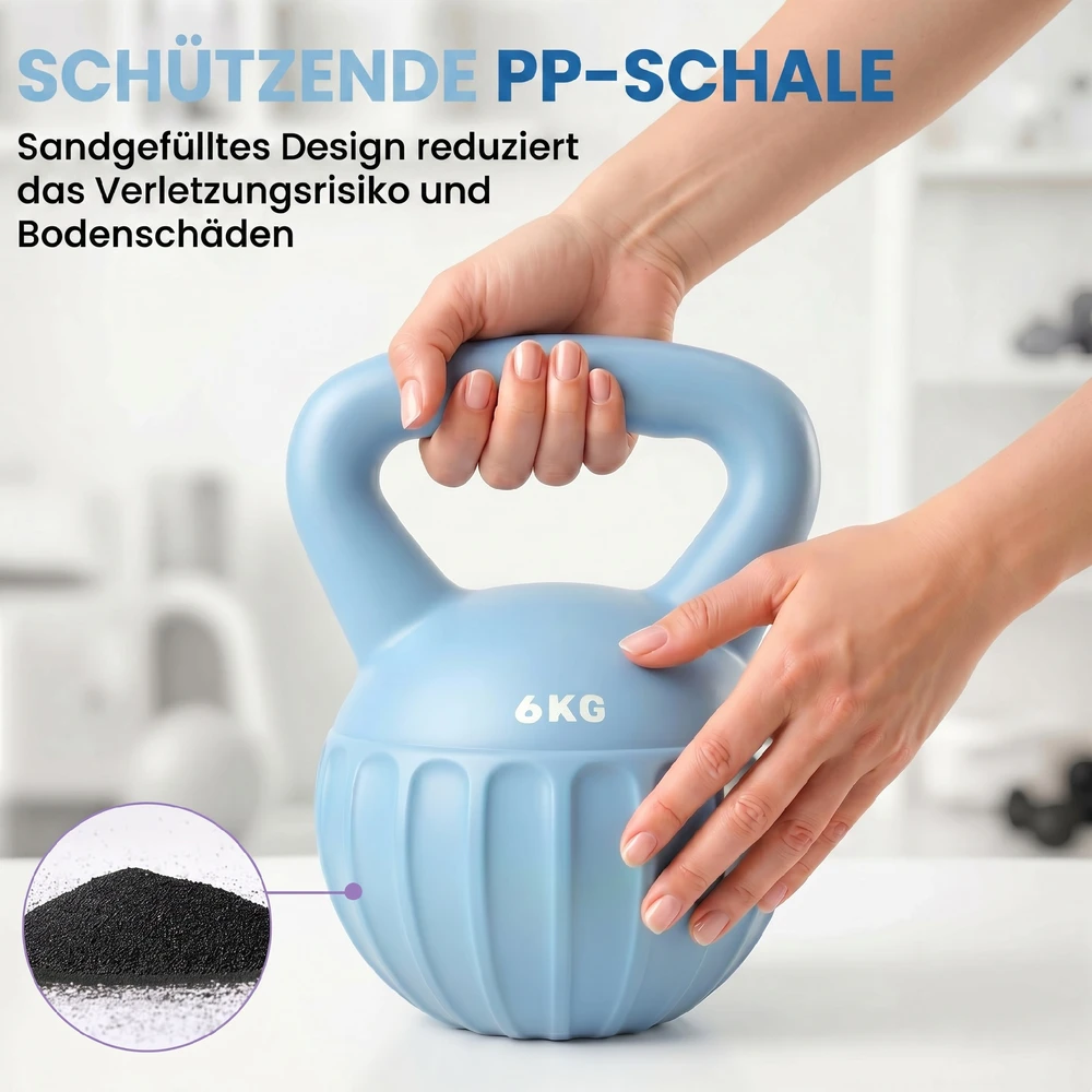 Virdulys Aosom Kettlebell 6kg, mėlyna, plastikas, smėlio užpildas, 17 x 17 x 23 cm