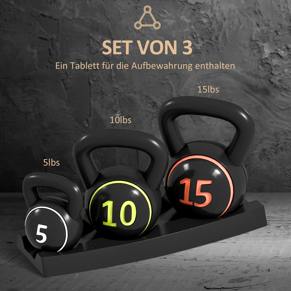 Virdulys Aosom Kettlebell rinkinys, 3 vnt., 2,2kg / 4,5kg / 6,8kg, juodas