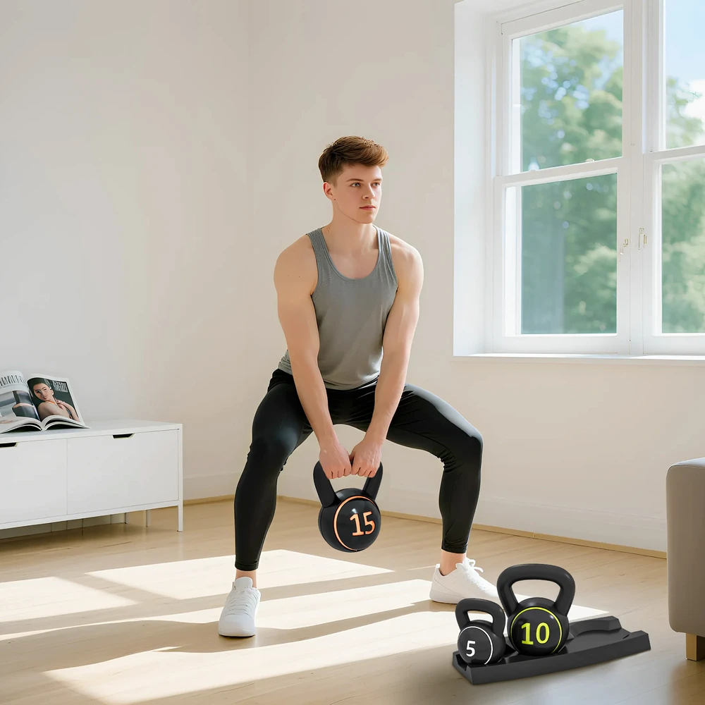 Virdulys Aosom Kettlebell rinkinys, 3 vnt., 2,2kg / 4,5kg / 6,8kg, juodas