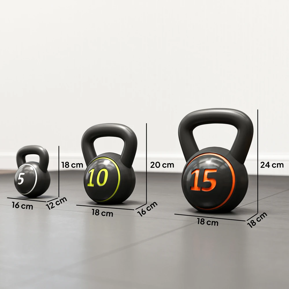 Virdulys Aosom Kettlebell rinkinys, 3 vnt., 2,2kg / 4,5kg / 6,8kg, juodas