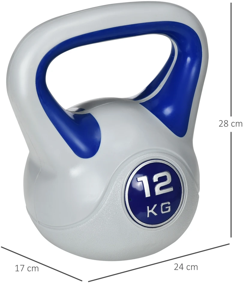 Virdulys Aosom Kettlebell svarmuo, 12 kg, plokščias pagrindas, plati rankena, plastiko danga, mėlynas, 24 x 17 x 28 cm