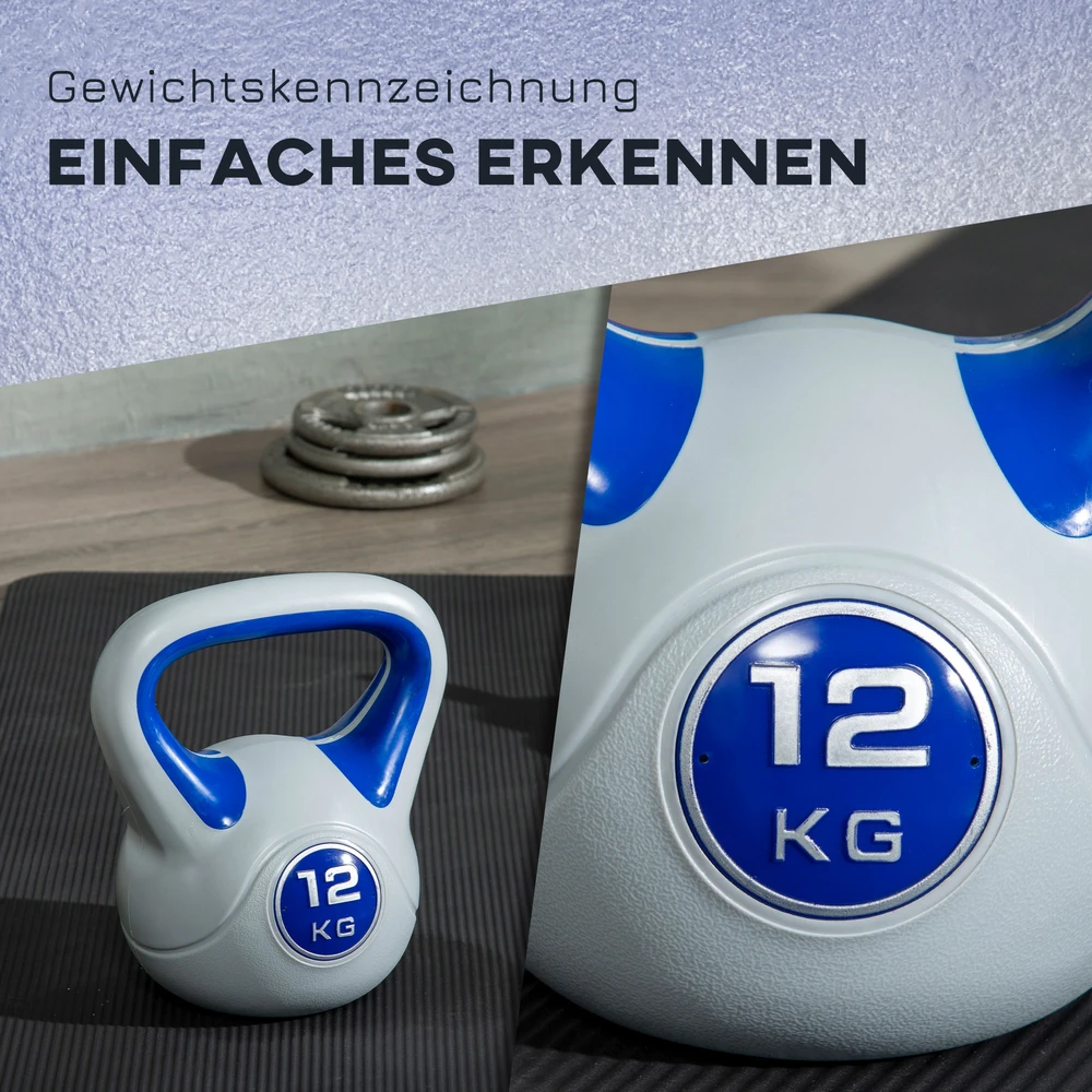 Virdulys Aosom Kettlebell svarmuo, 12 kg, plokščias pagrindas, plati rankena, plastiko danga, mėlynas, 24 x 17 x 28 cm