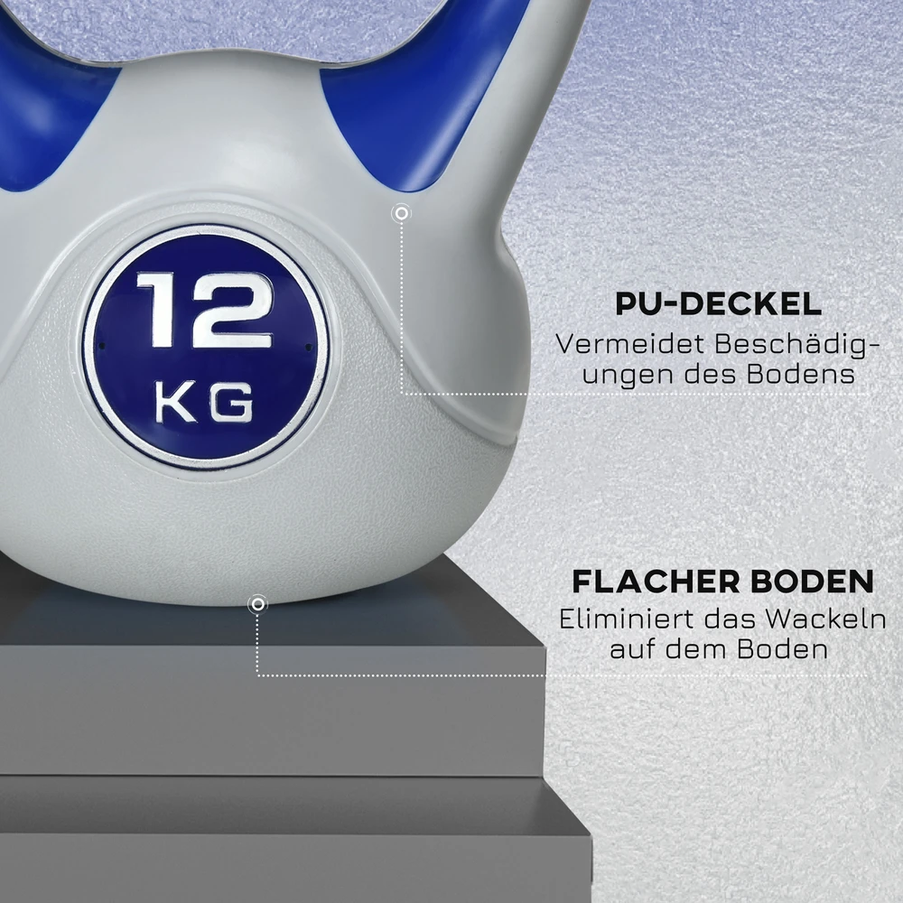 Virdulys Aosom Kettlebell svarmuo, 12 kg, plokščias pagrindas, plati rankena, plastiko danga, mėlynas, 24 x 17 x 28 cm