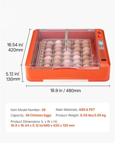 VEVOR Kiaušinių inkubatorius 36, automatinis vartytuvas, 36 kiaušiniams, ABS ir PET, 48 x 42 x 13 cm