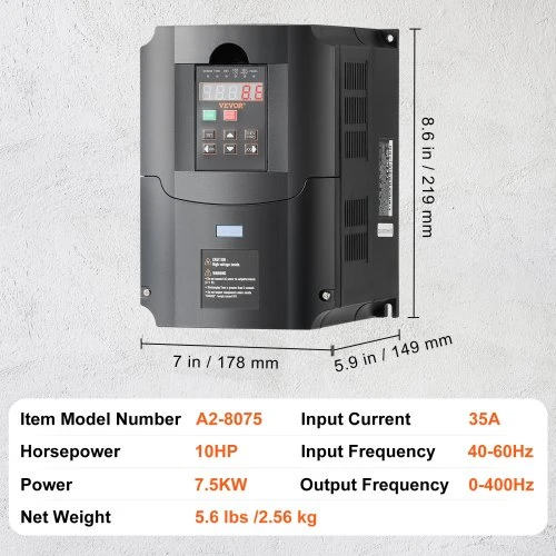 VEVOR Kintamo dažnio keitiklis A2-8075, 7.5KW, 220V, 35A